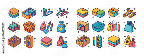 Colorful laundry and clothing icon set for organization and stor