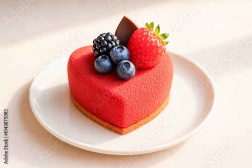 A heart-shaped red cake topped with fresh berries and chocolate, beautifully presented on a white plate.