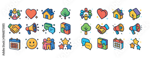 Colorful icon set with people, heart, house, tree, megaphone, pu