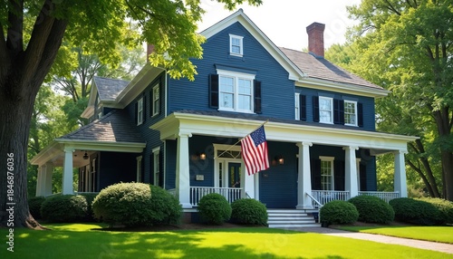 Blue colonial revival house features white columns, porch with American flag. Rich green trees, manicured lawn surround stately home. Classic American architecture, residential charm.