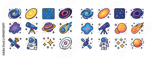 Colorful space icons: galaxy, telescope, astronaut, planets, com