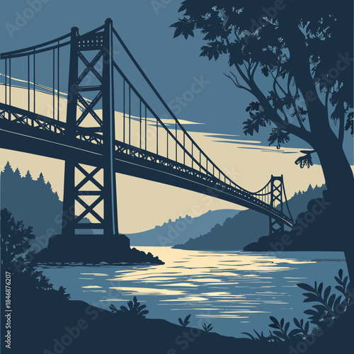 Stylized silhouette of a suspension bridge over water at dusk