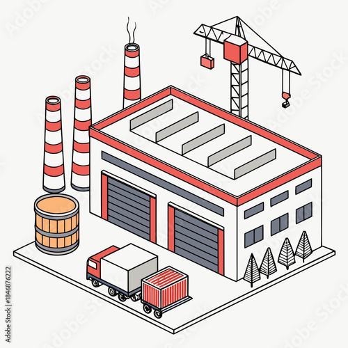 Isometric industrial warehouse and factory site with crane and truck