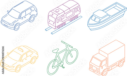 Isometric transportation line icon set car train boat taxi bicycle truck outline vector illustration