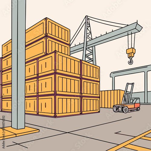 Shipping containers stored in warehouse with overhead crane and forklift