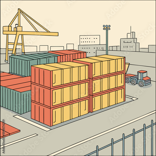 Shipping containers stacked at a busy port with a crane and truck in the background