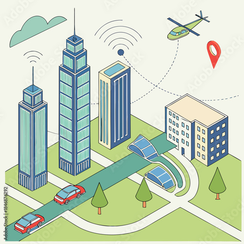 Isometric illustration of smart city with connected buildings, autonomous cars, and drone technology