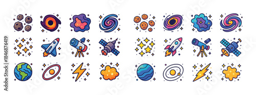 Colorful space icons featuring planets, stars, rockets, and tele