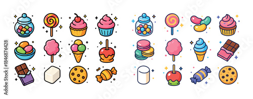 Colorful cartoon candy and dessert collection with lollipops, ic