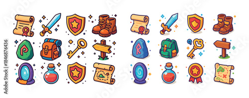 Colorful fantasy game icons set: swords, shields, scrolls, and a