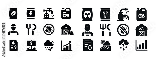 Agriculture icons set: fertilizer, irrigation, farmer, growth, w