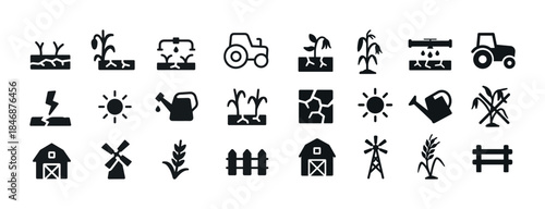 Agricultural icons collection: farming tools, plants, and equipm