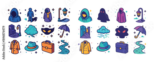 Colorful mystery icons: hooded figures, cloud, umbrella, briefca