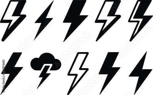 Lightning bolt icon set black minimalist thunder energy power electric flash symbols weather electricity vector collection