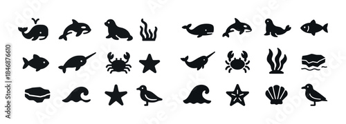 Collection of marine life icons including whales, fish, and star