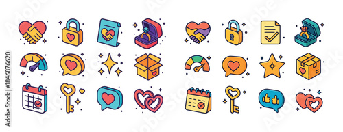 Colorful business icon set: handshake, lock, heart, checklist, c