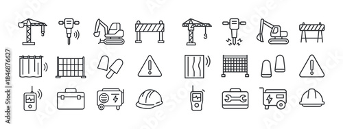 Line icons of construction equipment and safety tools