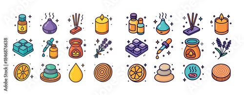 Essential oils and aromatherapy set with candles, incense, and l