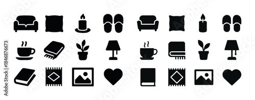 Cozy home icon set featuring furniture, decor, and warmth elemen