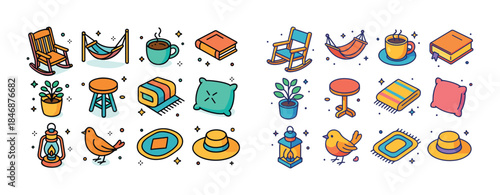 Cozy home essentials collection with household items in vibrant