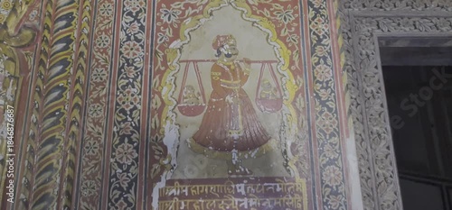 Exquisite Gold Leaf Murals and Intricate Medieval Frescoes Inside the Historical Sone Ki Dukan (Gold Shop ) in Mahansar Rajasthan, India 