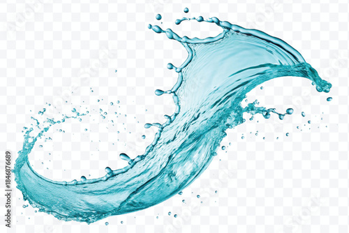 dynamic smooth liquid fresh water splash with drops in mid air cut out and curve style isolated on white background