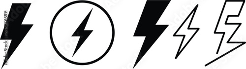 Lightning bolt icon set black minimalist thunder energy power electric flash symbols weather electricity vector collection