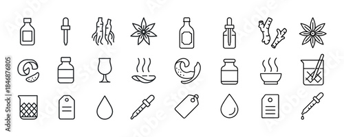 Collection of essential oil icons featuring bottles, leaves, roo