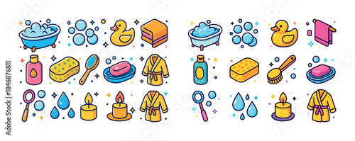 Colorful cartoon bath icons collection with soap, rubber duck, a