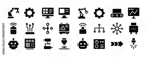 Industrial automation icons set: robots, machines, gears, networ