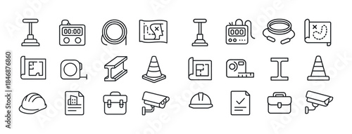 Construction icons set: tools, equipment, safety, and planning e