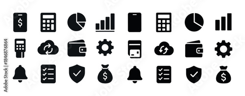 Black silhouette icons set: finance, technology, business essent