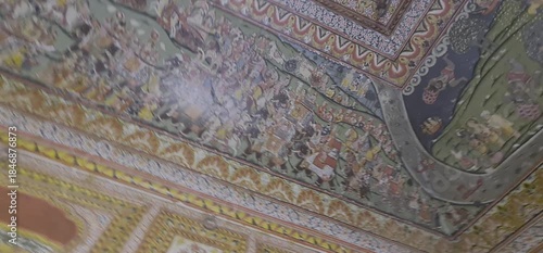 Exquisite Gold Leaf Murals and Intricate Medieval Frescoes Inside the Historical Sone Ki Dukan (Gold Shop ) in Mahansar Rajasthan, India 