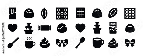 Chocolate icon set: bars, hearts, cups, and cocoa beans in monoc