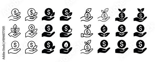 Set of black and white finance icons featuring hands, coins, and