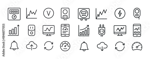 Simple outline icons of energy and tech meters in black and whit