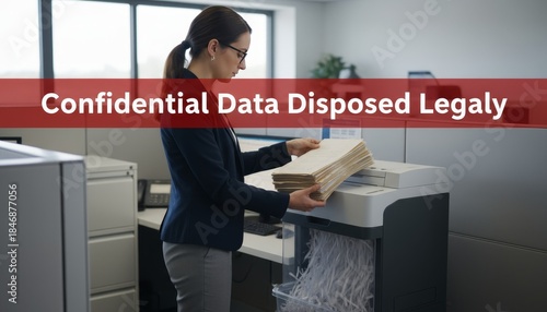A professional woman disposes of confidential documents legally in an office setting, emphasizing data security and compliance.