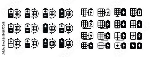 Recycling and energy storage icon set with battery and solar pan