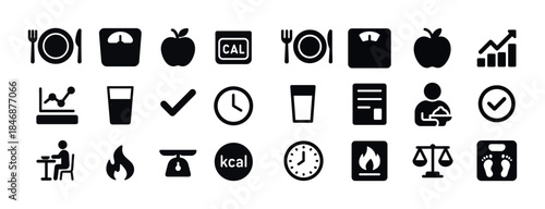 Set of black health and fitness icons: nutrition, exercise, weig