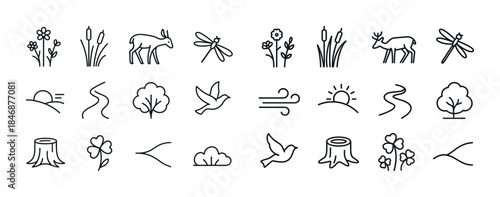 Nature icons set: deer, trees, birds, flowers and wind symbols