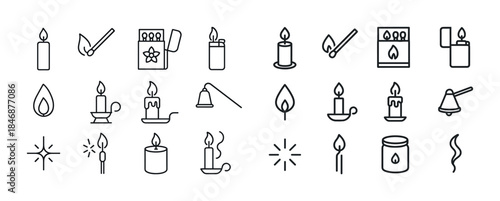 Outline icons of candles, matches, and lighters in various style