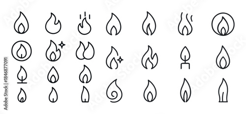 Minimalist flame icons set - simple black fire symbols collectio