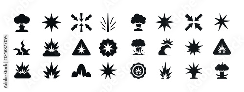 Explosive symbol collection: icons of nuclear, stars, and bursts