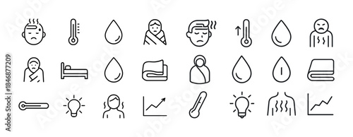 Flu symptoms icons: fever, fatigue, chills, thermometer, blanket