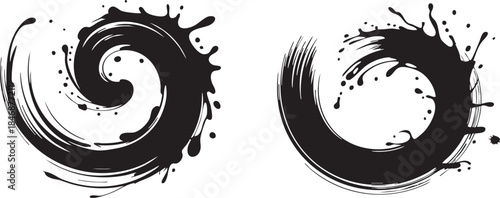 Black Ink Splash Brush Stroke Swirl Circles Vector Set
