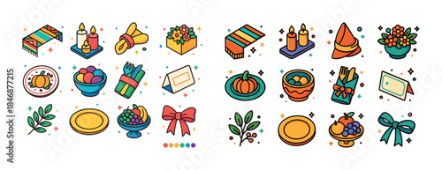 Colorful thanksgiving elements set: icons of decorations, food,
