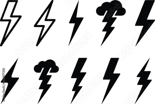 Lightning bolt icon set black minimalist thunder energy power electric flash symbols weather electricity vector collection