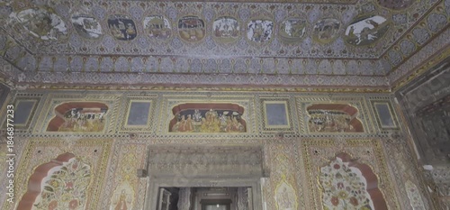 Exquisite Gold Leaf Murals and Intricate Medieval Frescoes Inside the Historical Sone Ki Dukan (Gold Shop ) in Mahansar Rajasthan, India 