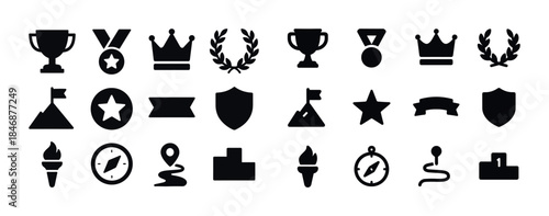 Set of achievement and navigation icons: trophies, crowns, shiel