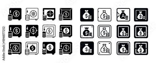 Financial icon set: safes, coins, dollar bags in black and white